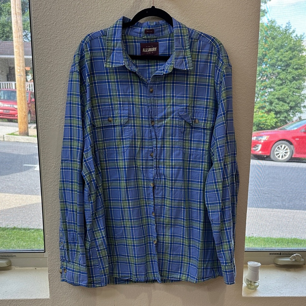 Alesbury Blue Green Plaid Button Front Shirt 100% Cotton Size Regular Fit 2xl
